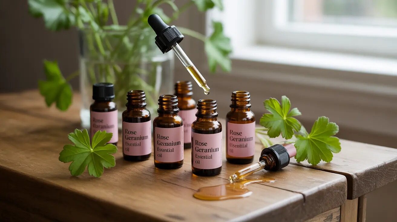 rose geranium essential oil bottle leaves