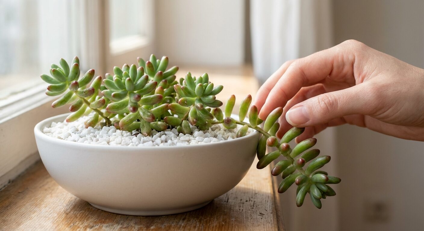sedum rubrotinctum shallow bowl white gravel