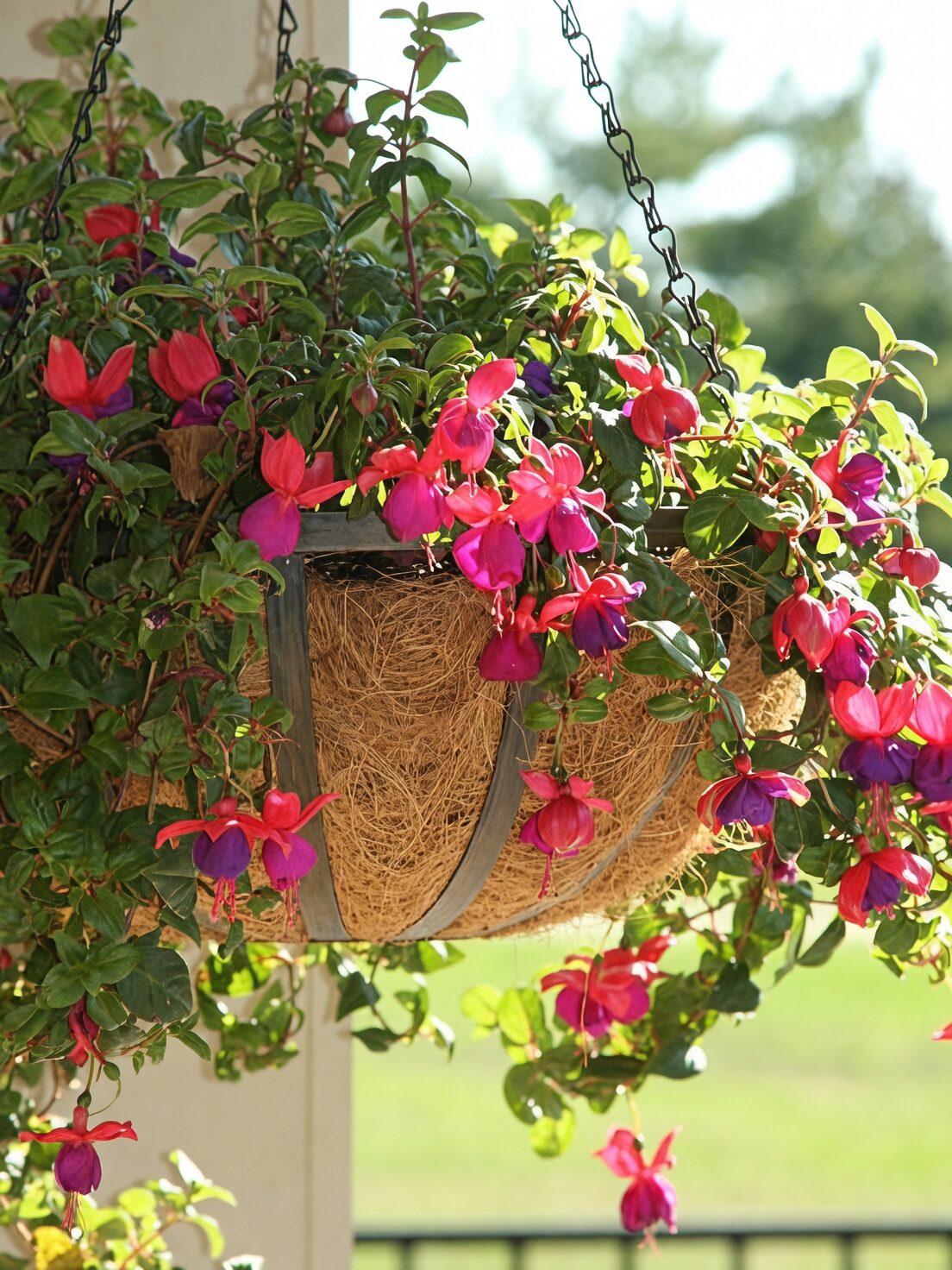 planting fuchsia hanging basket top view