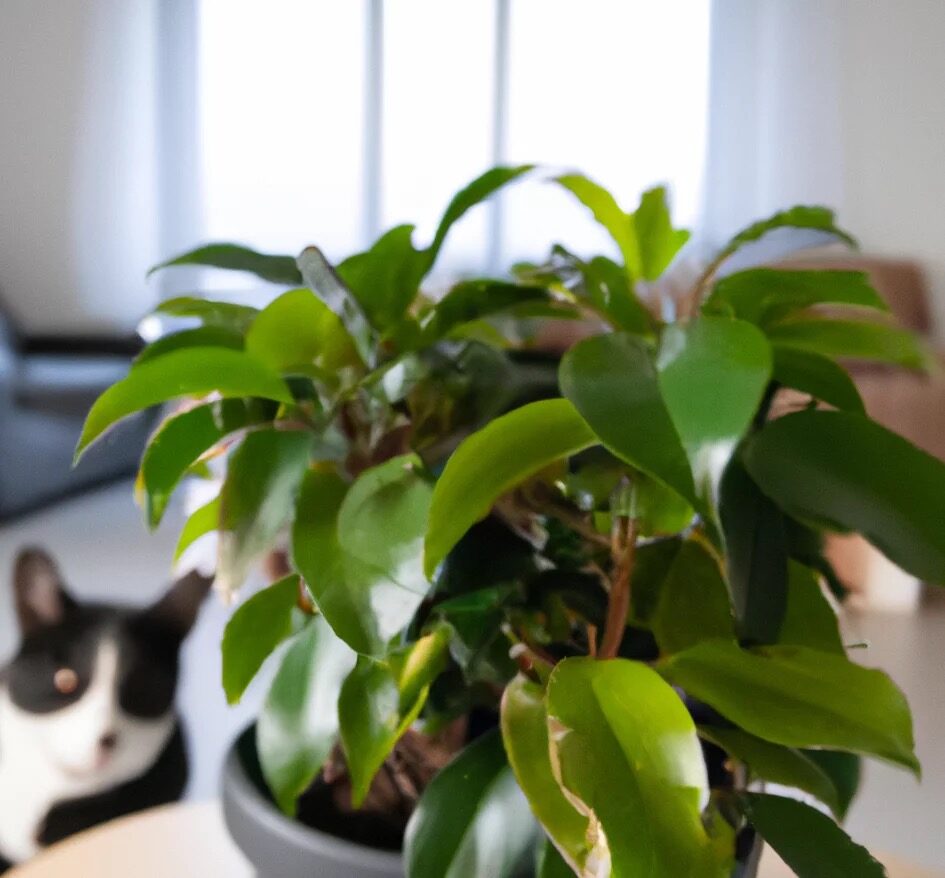 weeping fig on high stand cat
