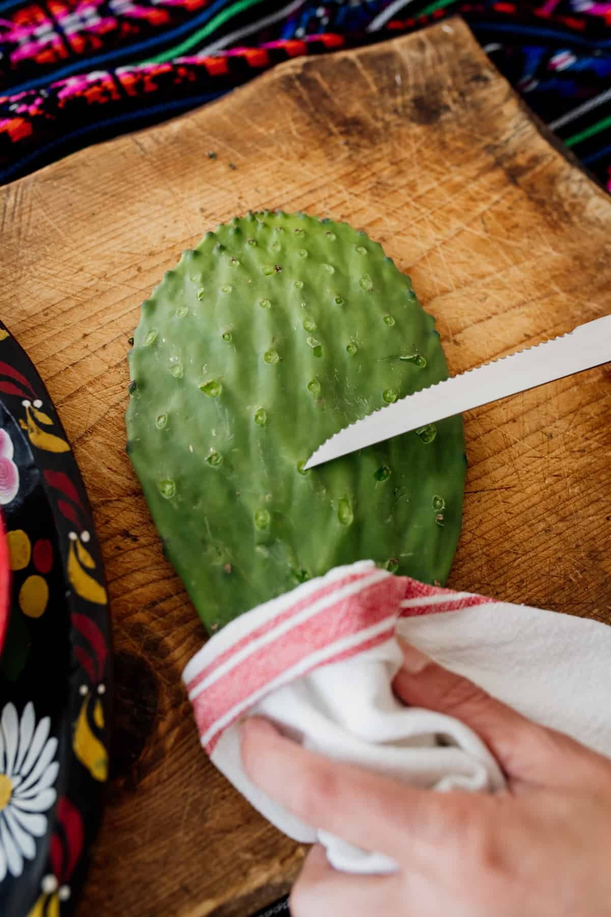 nopal despining with gloves
