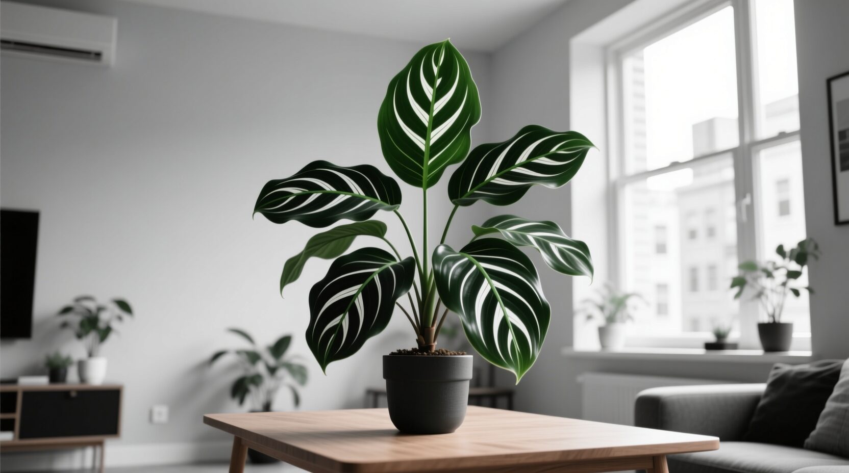 calathea lancifolia with humidifier hygrometer