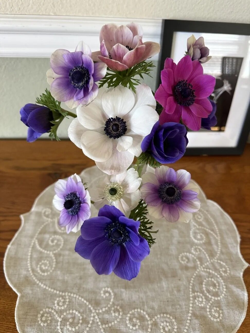 anemone coronaria bouquet on table